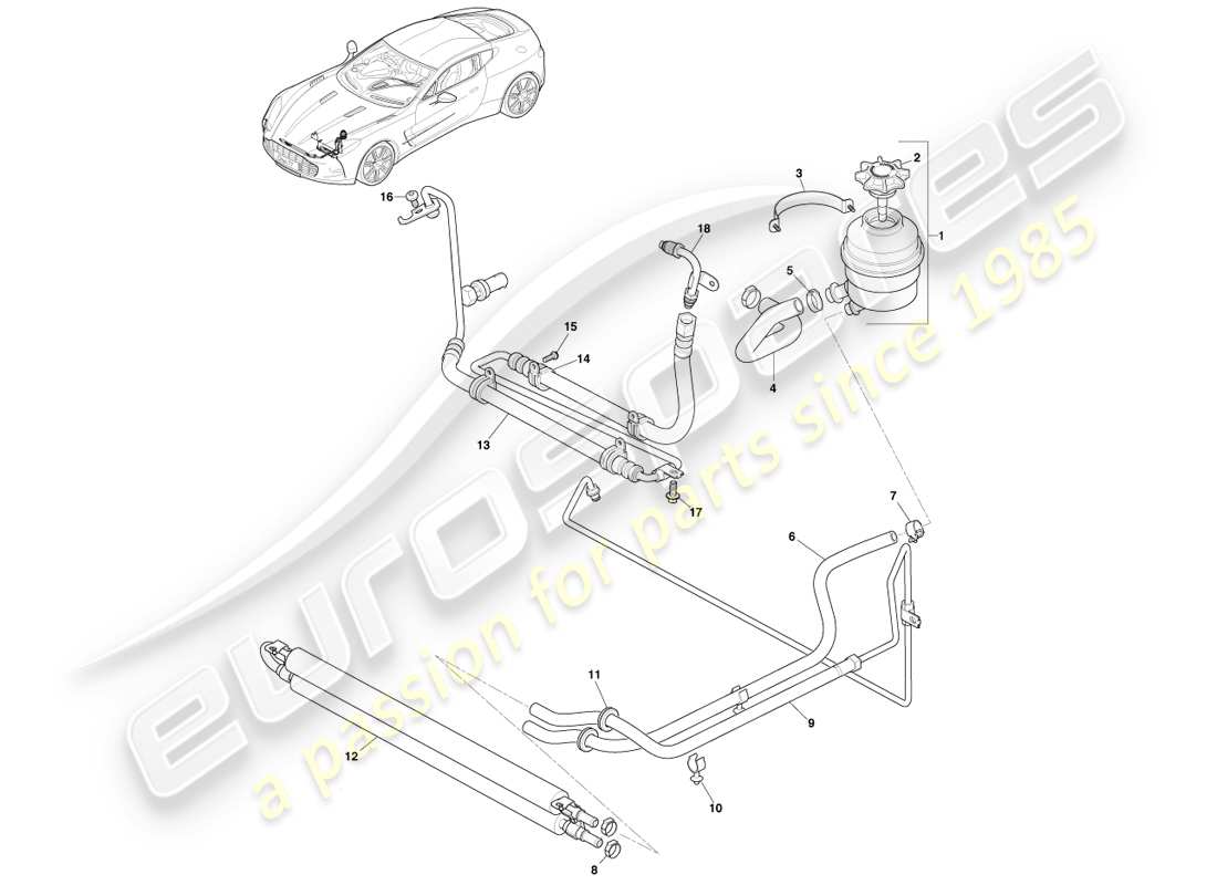 aston martin one-77 (2011) schema delle parti del radiatore, dei tubi flessibili e del serbatoio con guida a destra