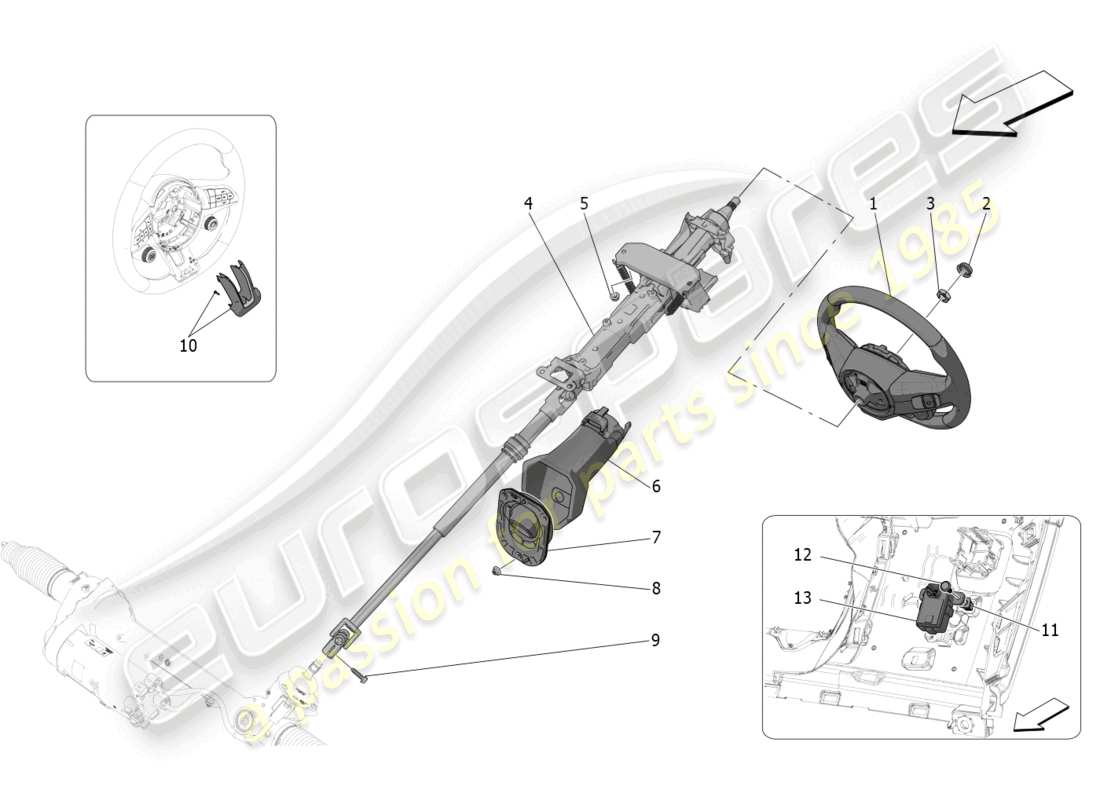 maserati grecale gt (2023) schema delle parti del piantone dello sterzo e dell'unità del volante