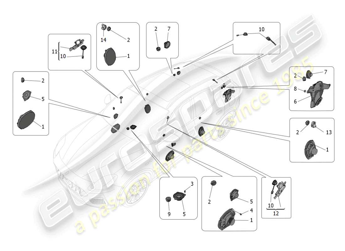 maserati grecale trofeo (2023) schema delle parti del sistema di diffusione del suono