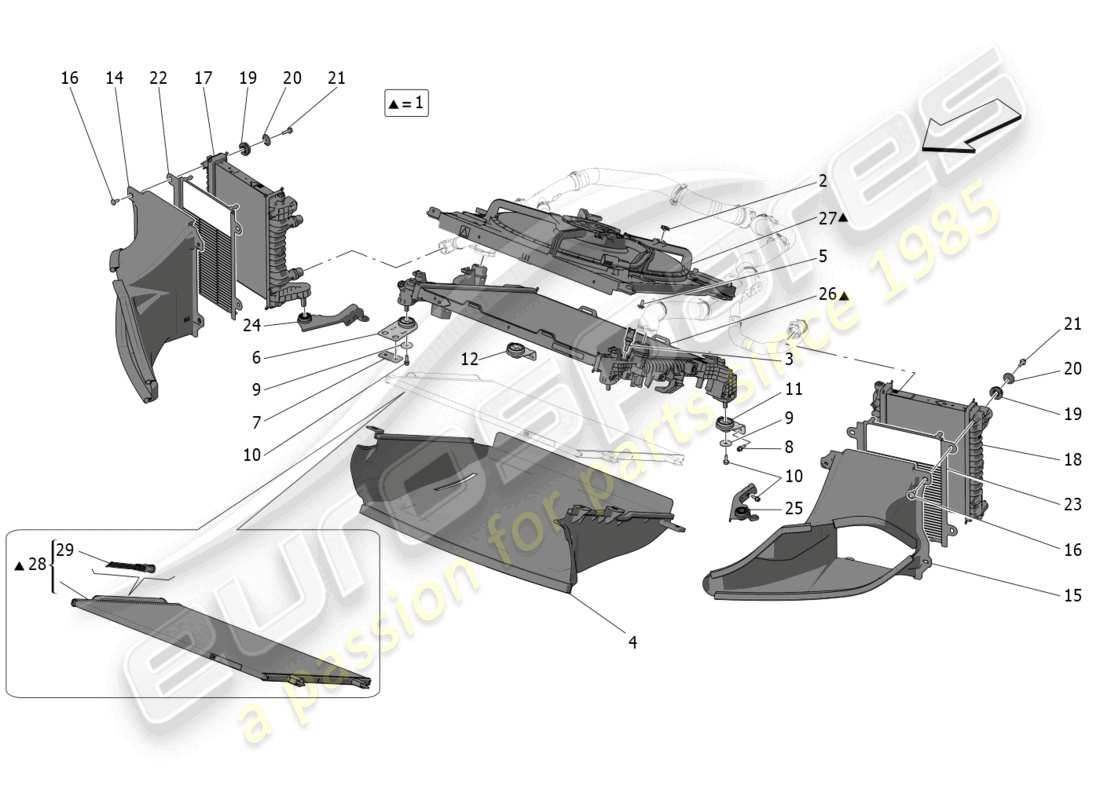 maserati mc20 (2022) raffreddamento: radiatori e condotti dell'aria diagramma delle parti