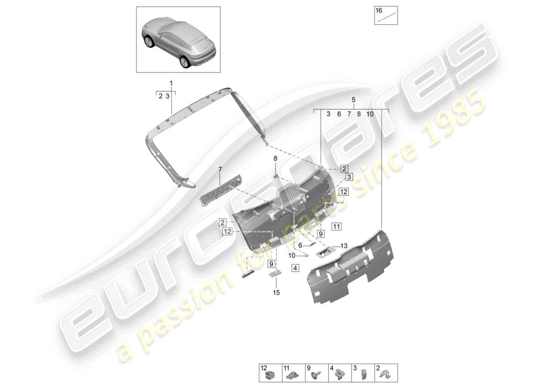 porsche 2026 (macan) schema delle parti interne del pannello di rivestimento del cofano posteriore