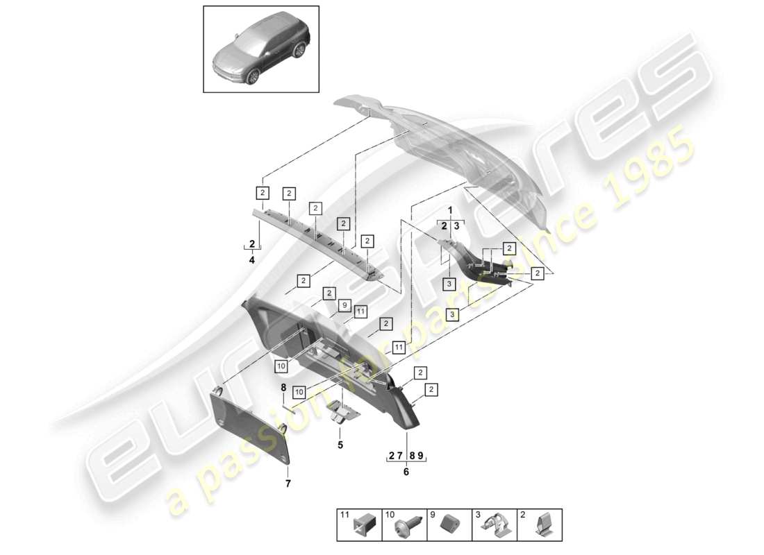 porsche 2021 (cayenne e3 9ya/9yb) rivestimento del cofano posteriore diagramma delle parti
