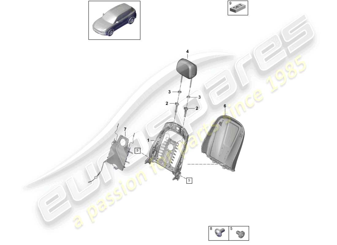 porsche 2021 (cayenne e3 9ya/9yb) telaio dello schienale guscio dello schienale sedile comfort diagramma delle parti