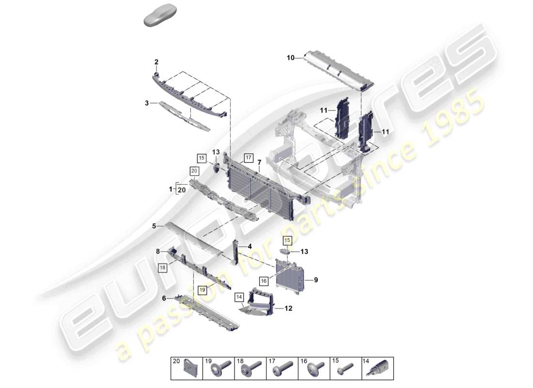 porsche 2026 (cayenne e3 pa) diagramma delle parti del blocco piastra e guida dell'aria anteriore