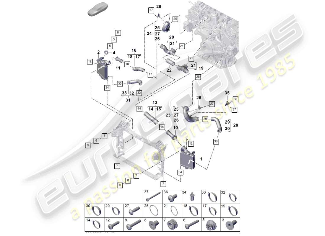 porsche 2025 (cayenne e3 pa) schema delle parti del tubo di pressione del refrigeratore dell'aria di sovralimentazione