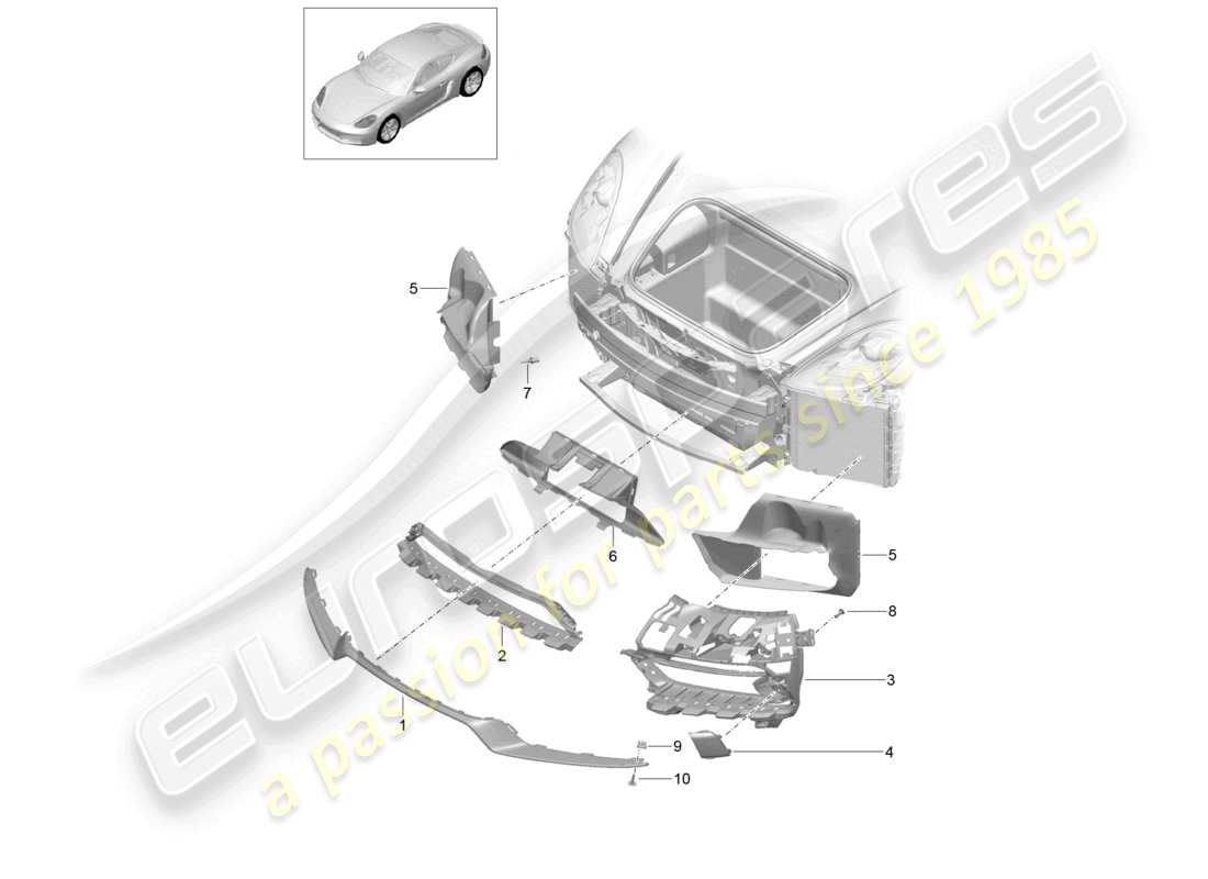 porsche 2021 (718 cayman) paraurti anteriore con guida d'aria pacchetto sport design e diagramma delle parti gts