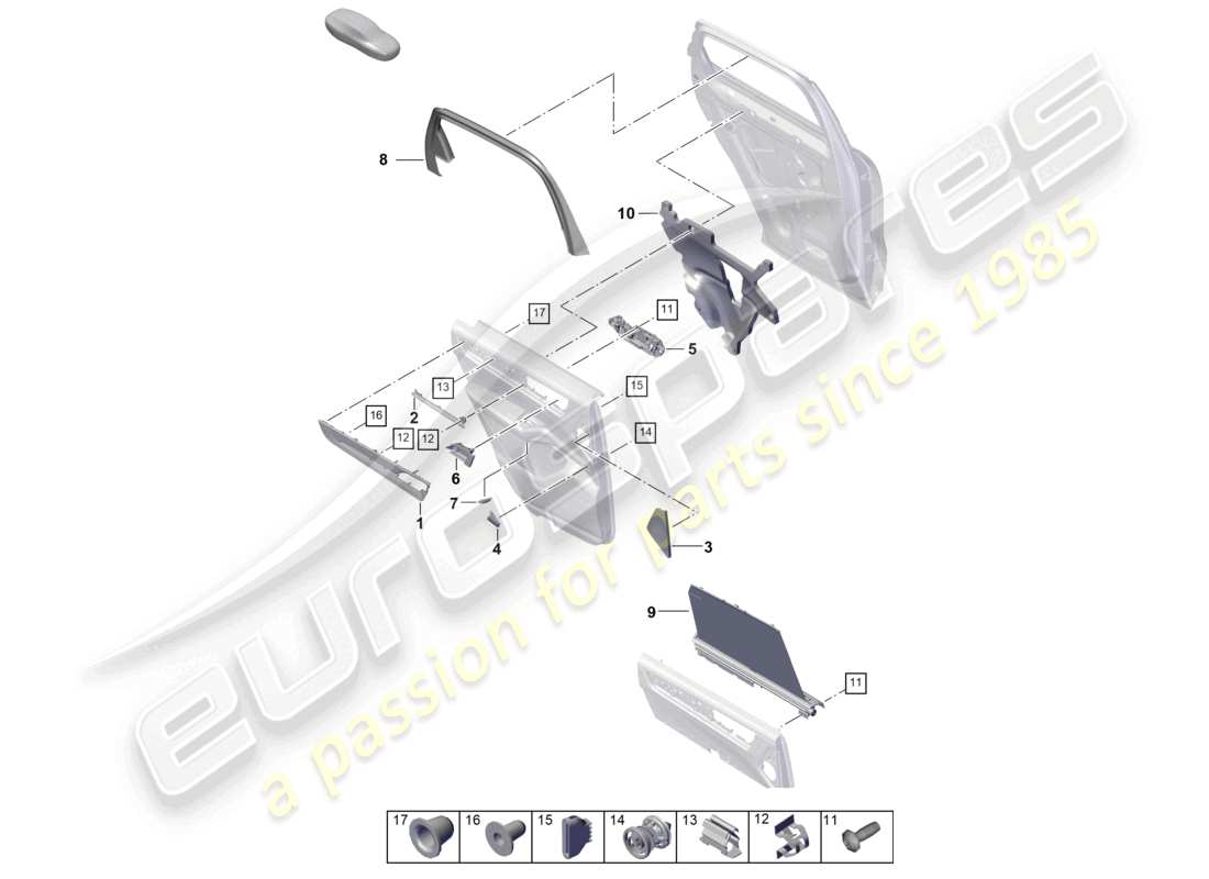 porsche 2025 (cayenne e3 pa) schema delle parti di rivestimento e accessori del pannello posteriore della porta