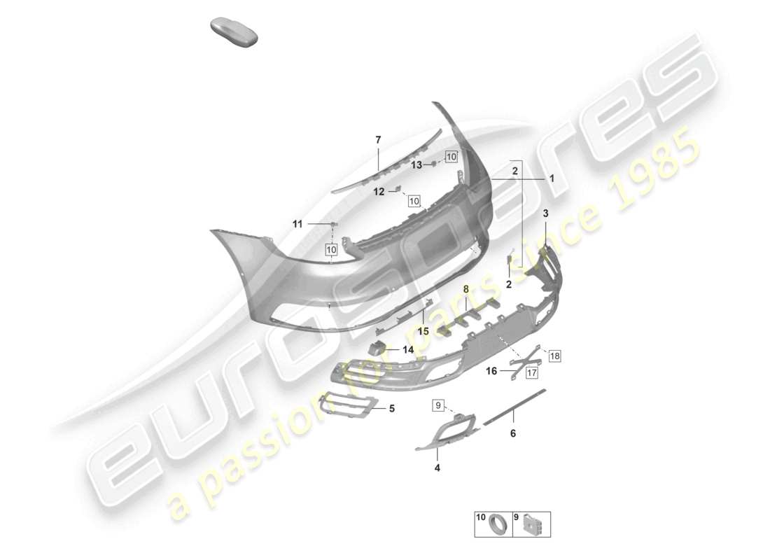 porsche 2023 (992-1) paraurti posteriore con: schema base delle parti degli accessori