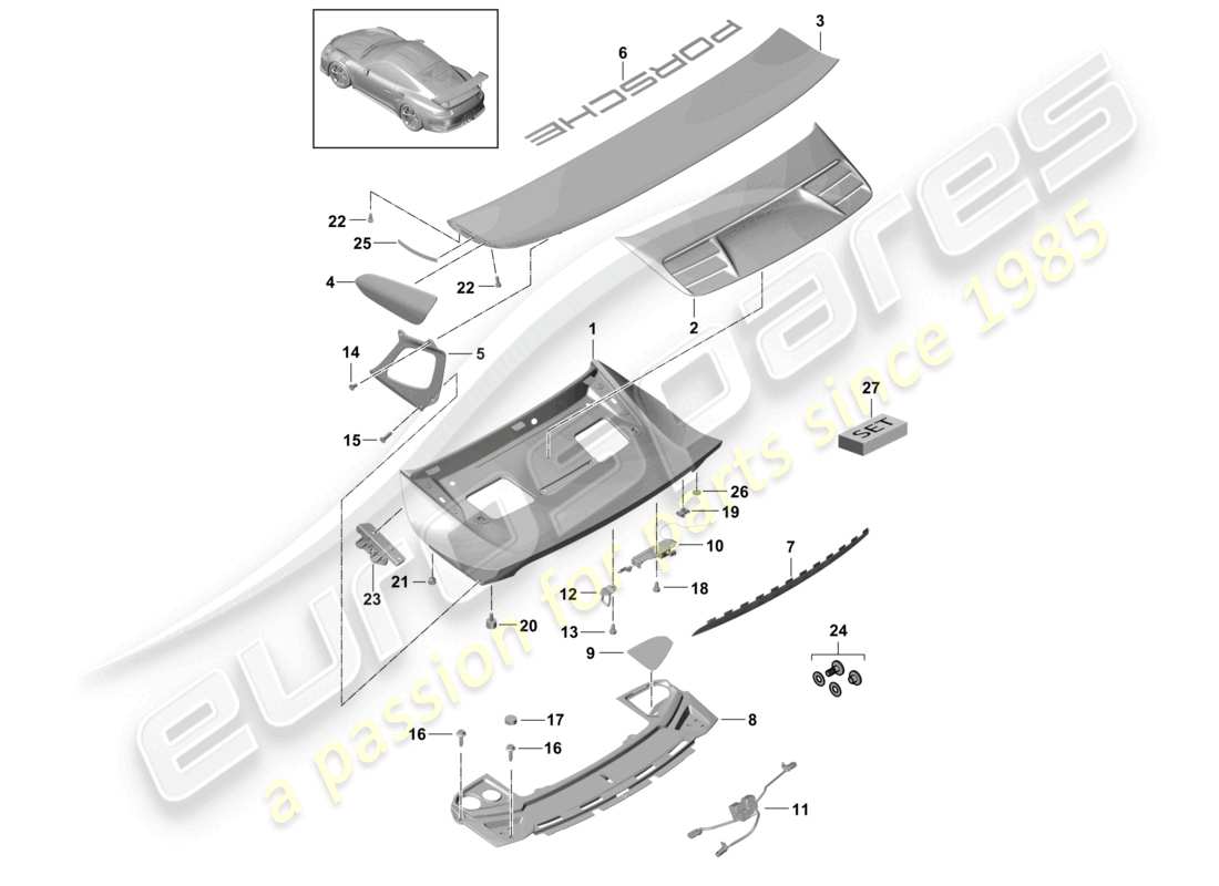 porsche 2021 (991-2 r/gt3/rs) cofano posteriore spoiler posteriore accessori d - mj 2018>> schema dei componenti