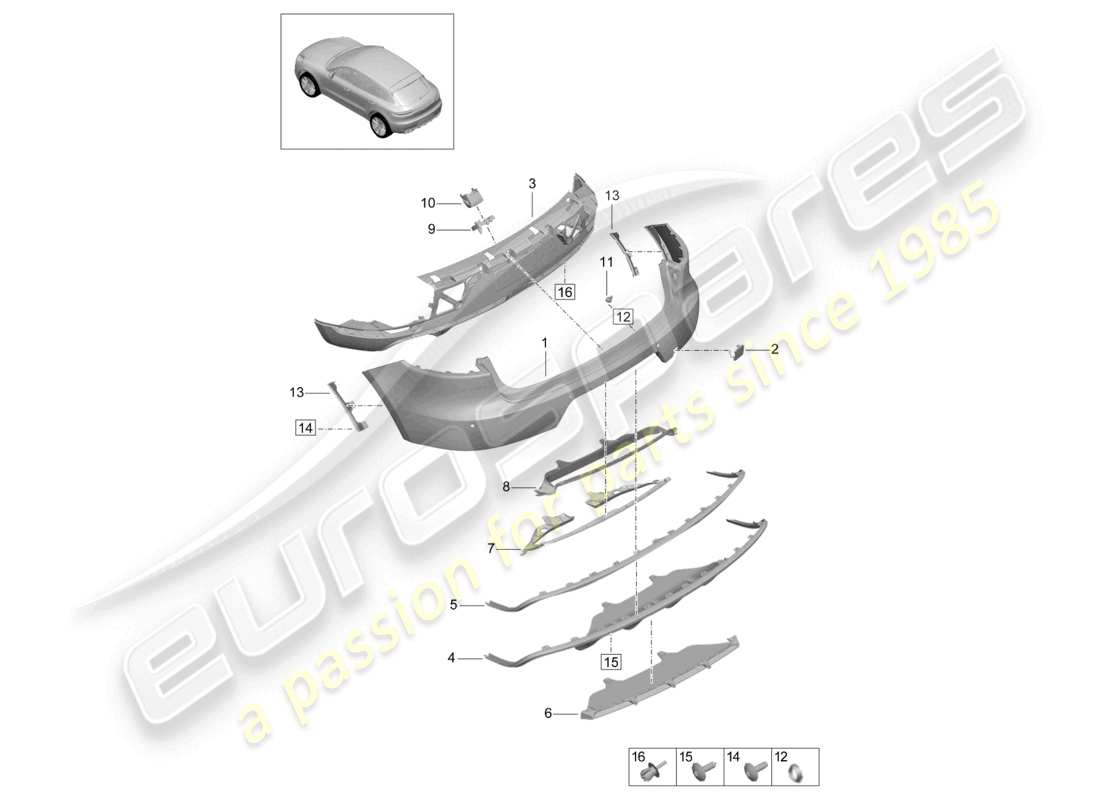 porsche 2026 (macan) paraurti posteriore sport design package diagramma delle parti