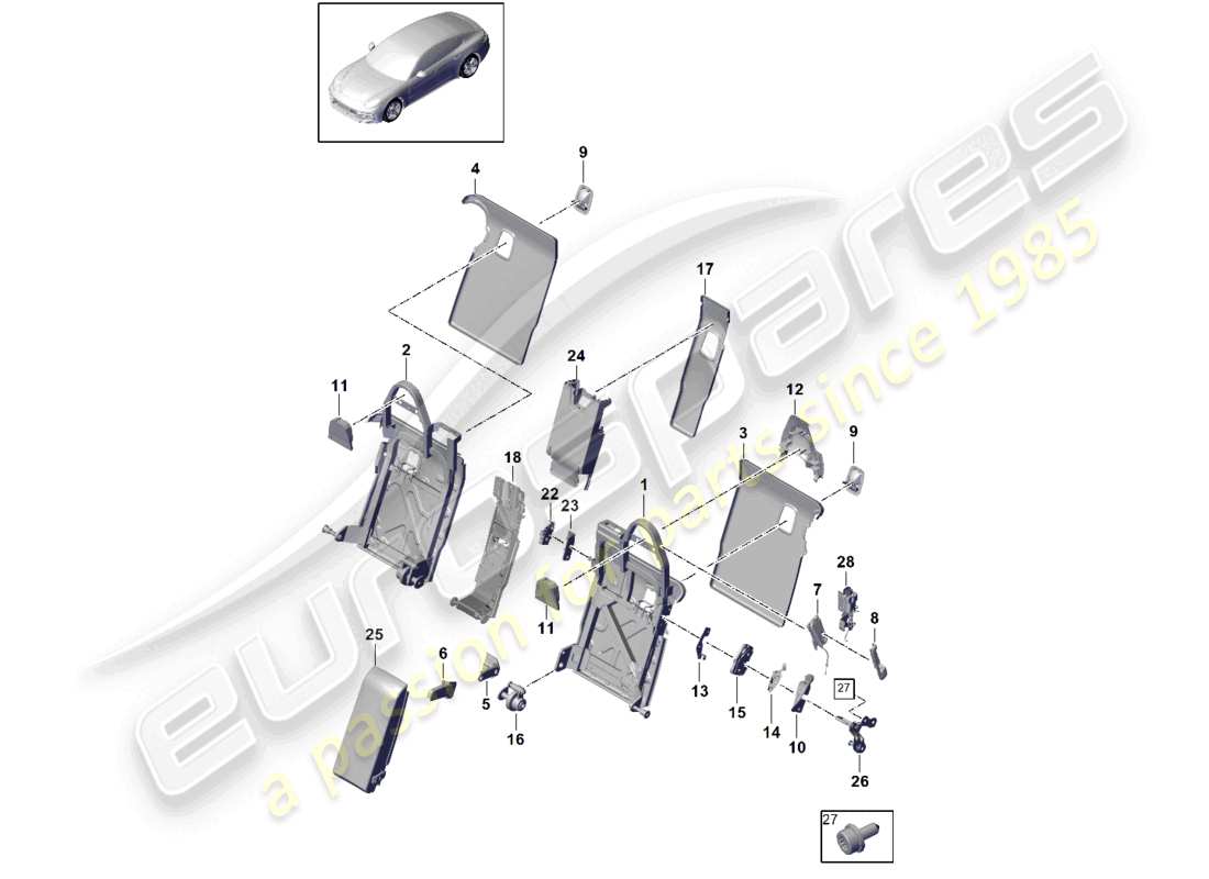 porsche 2021 (panamera 971-1) schienale del sedile posteriore accessori di finitura versione comfort versione sportiva schema dei componenti