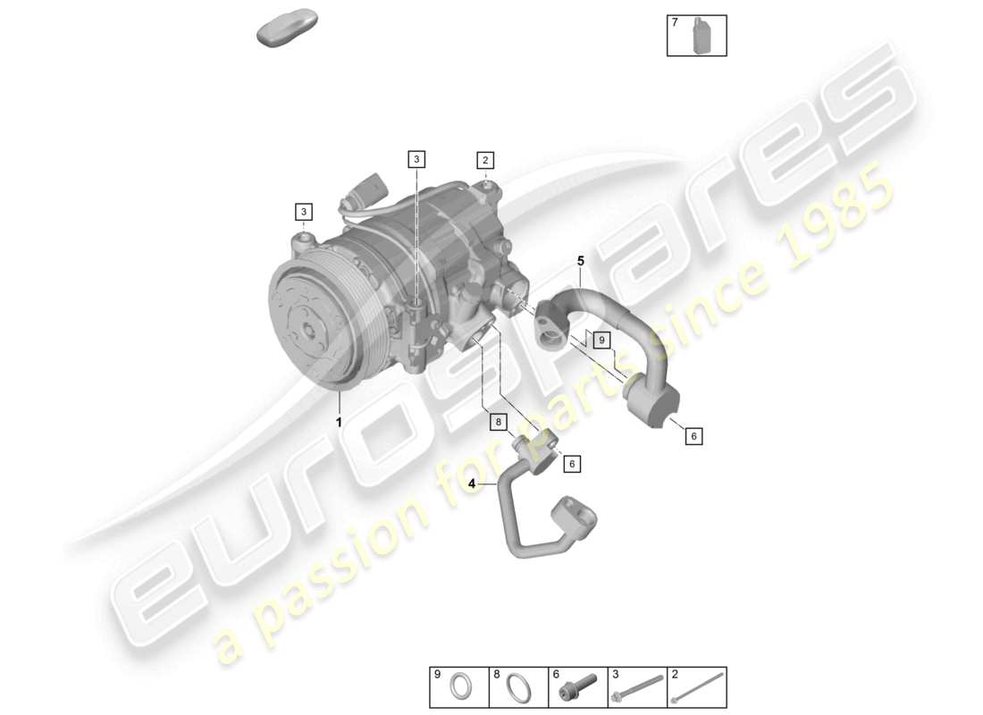 porsche 2021 (718 cayman gt4) diagramma delle parti del compressore dell'aria condizionata
