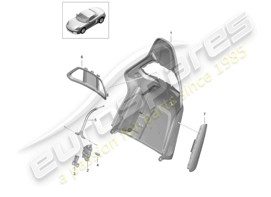 porsche 2023 (718 boxster) schema delle parti degli accessori pieghevoli del sedile a guscio dello schienale