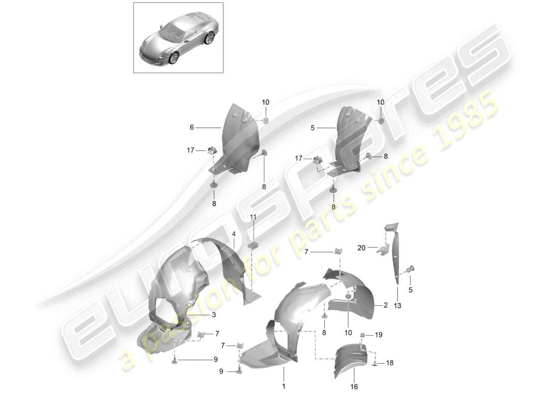 porsche 2021 (991-2 r/gt3/rs) rivestimenti dei passaruota diagramma delle parti