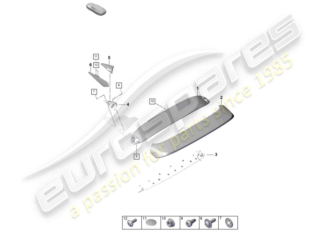 porsche 2025 (cayenne e3 pa) schema delle parti dello spoiler del bordo del tetto coupé