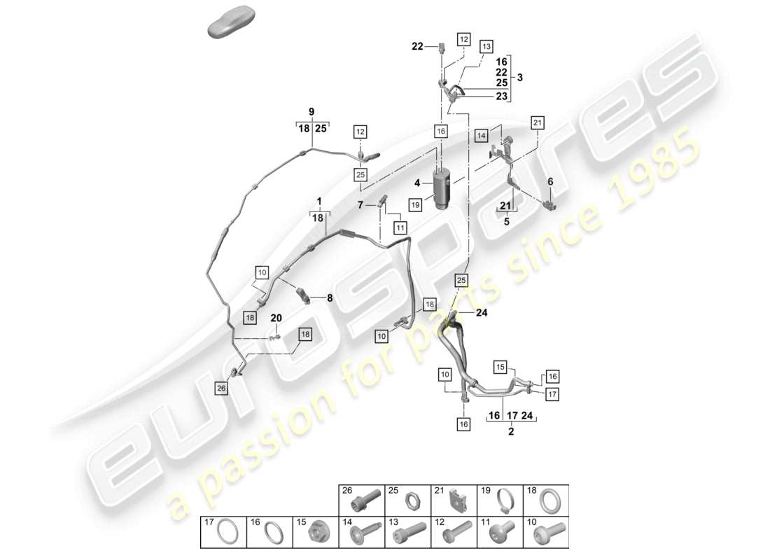 porsche 2020 (992-1 turbo / s) schema delle parti della linea refrigerante (valvola di espansione >essiccatore) dell'aria condizionata lhd