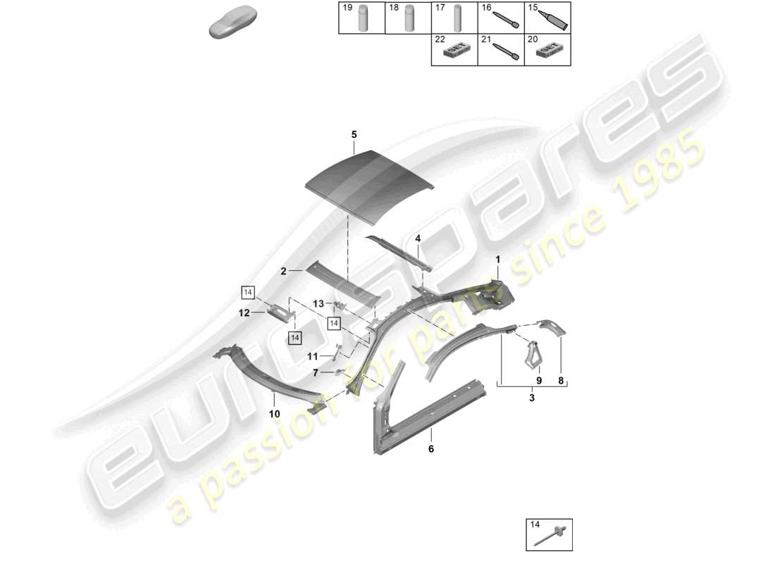 porsche 2021 (718 cayman gt4) diagramma delle parti del portello del tetto
