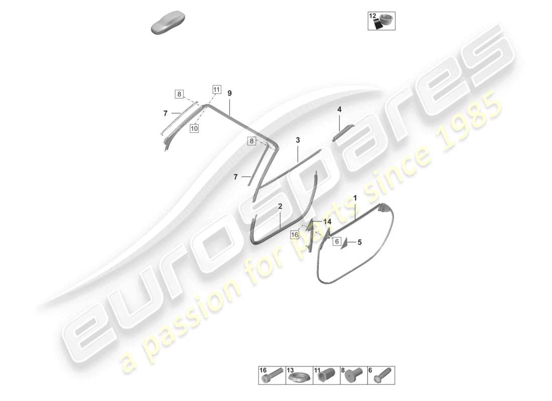 porsche 2022 (992-1 turbo / s) schema delle parti delle modanature delle guarnizioni delle porte cabriolet