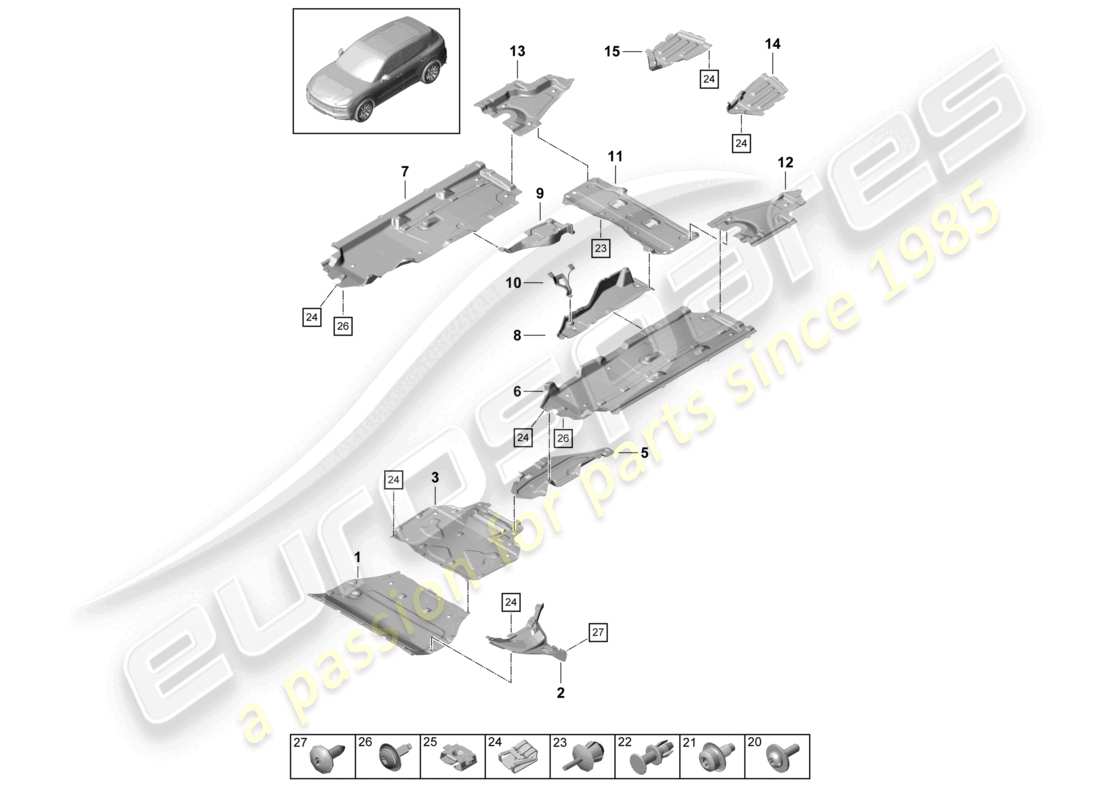 porsche 2021 (cayenne e3 9ya/9yb) rifinitura del sottoscocca diagramma delle parti
