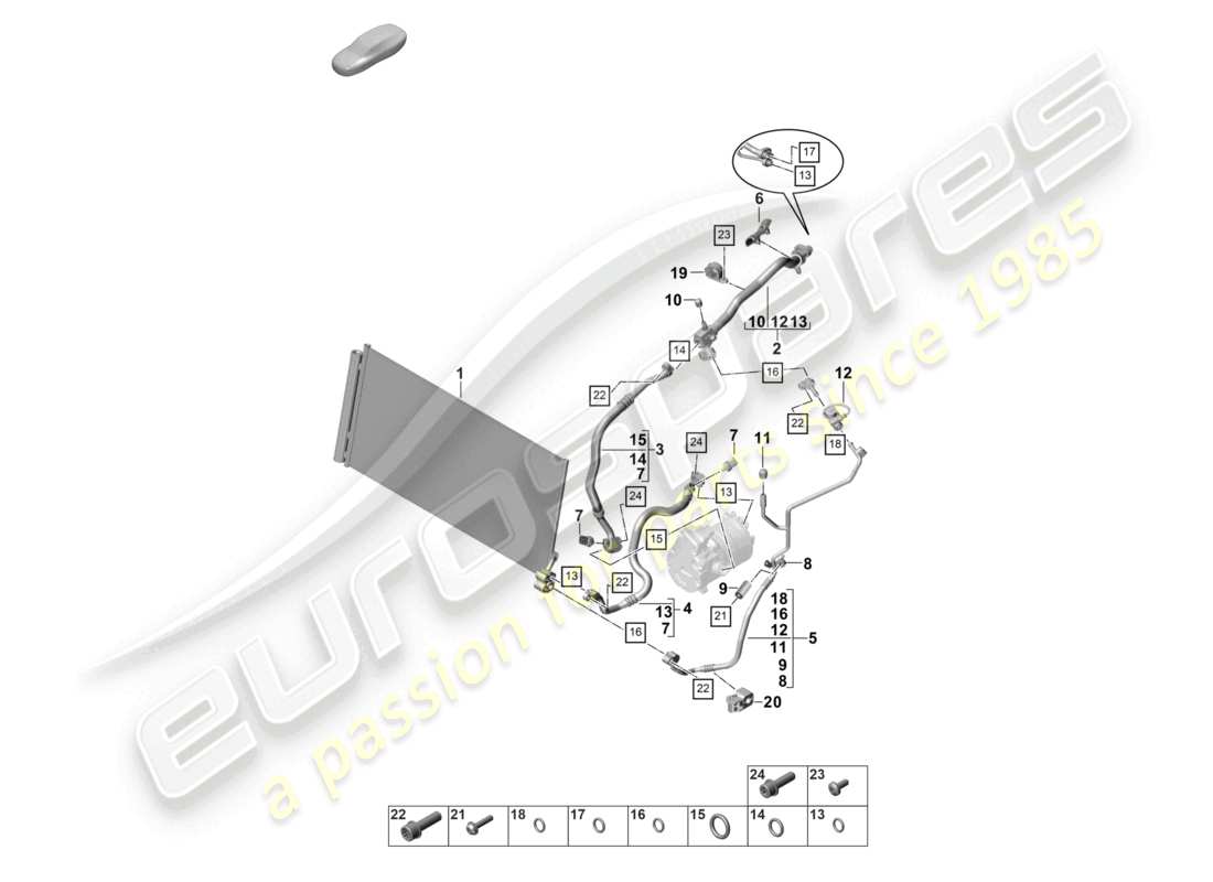porsche 2024 (panamera 971-2) riscaldamento, sistema di aria condizionata v6 2,9l turbo per veicoli con trazione ibrida circuito refrigerante r1234yf liquido di raffreddamento schema delle parti
