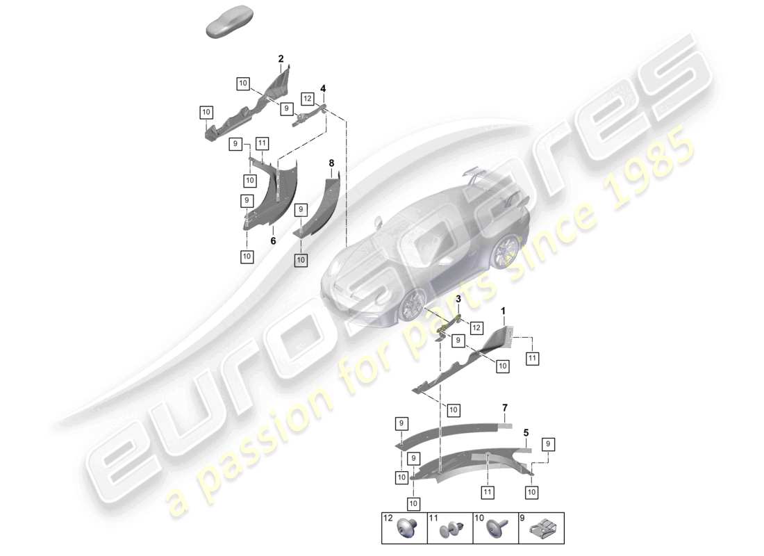 porsche 2026 (992-2 gt3) schema delle parti del rivestimento del sottoscocca del condotto dell'aria cw
