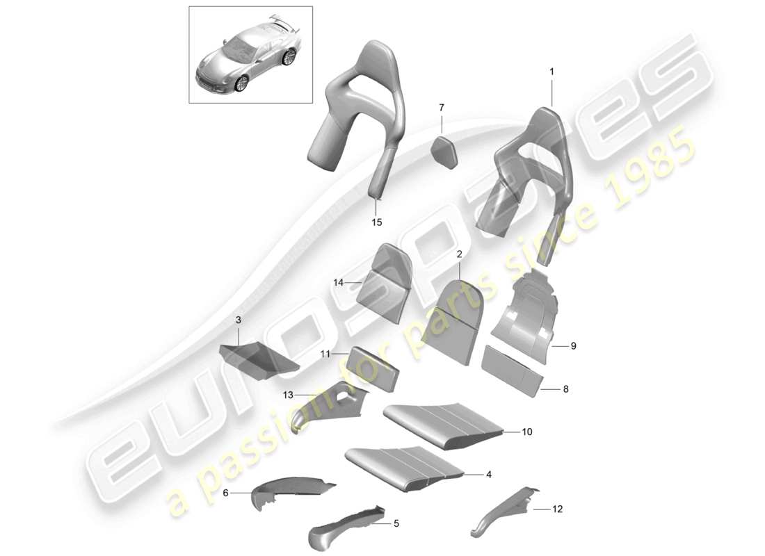 porsche 2021 (991-2 r/gt3/rs) coprisedili in schiuma con parte dello schienale coprisedili superficie del sedile e dello schienale sedile a secchiello schema delle parti pieghevoli