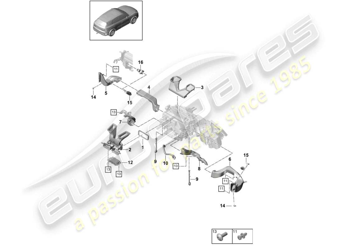porsche 2021 (cayenne e3 9ya/9yb) guida dell'aria cruscotto dell'aria condizionata diagramma delle parti
