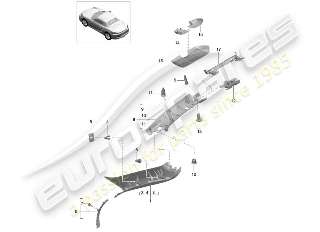 porsche 2021 (718 boxster) schema delle parti del telaio del parabrezza del montante a