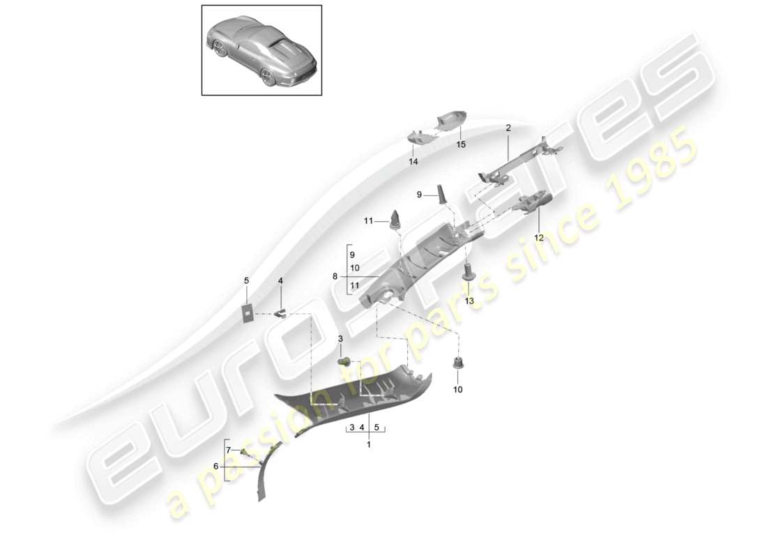 porsche 2021 (991-2 r/gt3/rs) rivestimento pilastro a diagramma delle parti