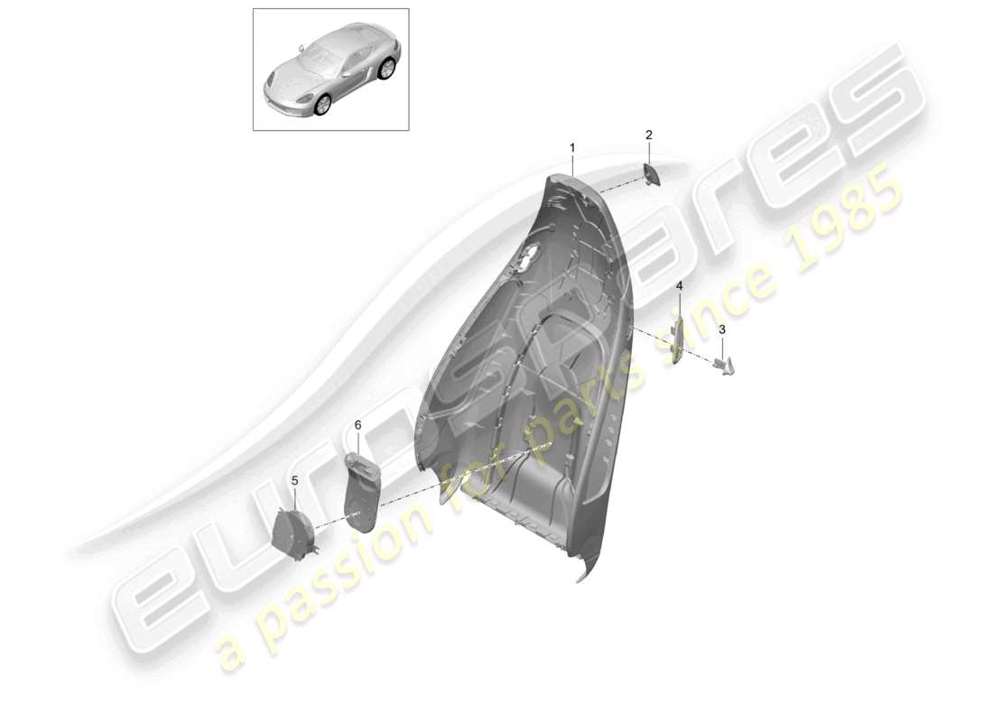 porsche 2023 (718 cayman) schema delle parti degli accessori del sedile sportivo con scocca dello schienale