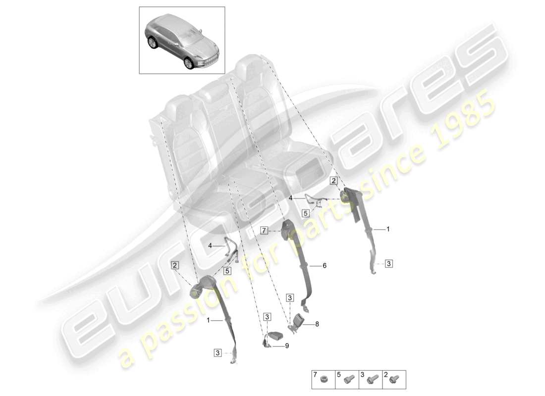 porsche 2021 (macan) cintura di sicurezza a tre punti posteriore chiusura della cintura diagramma delle parti