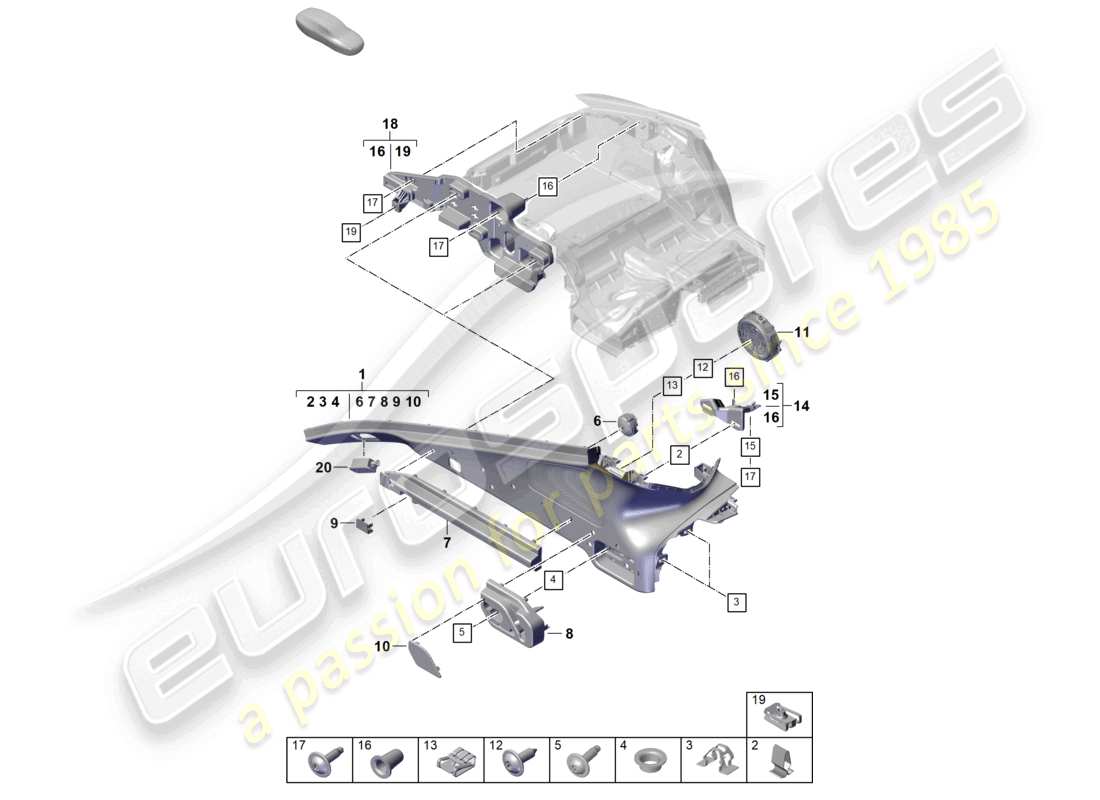 porsche 2026 (panamera 976) schema dei componenti del rivestimento del montante d del vano bagagli