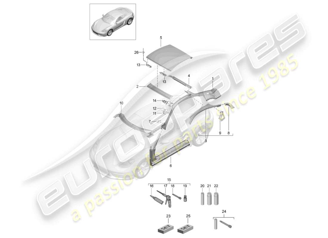 porsche 2021 (718 cayman) diagramma delle parti del portello del tetto