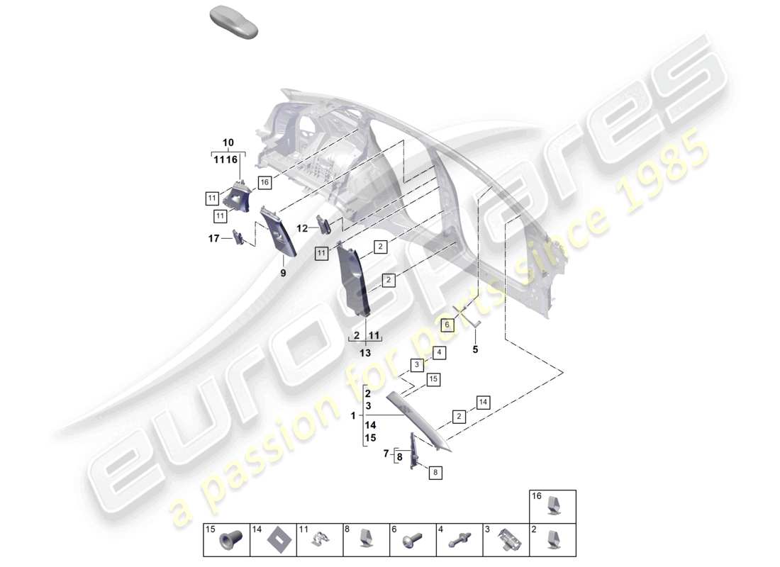 porsche 2023 (cayenne e3 pa) schema delle parti del rivestimento e dell'elemento di deformazione del montante a superiore del montante b del montante c