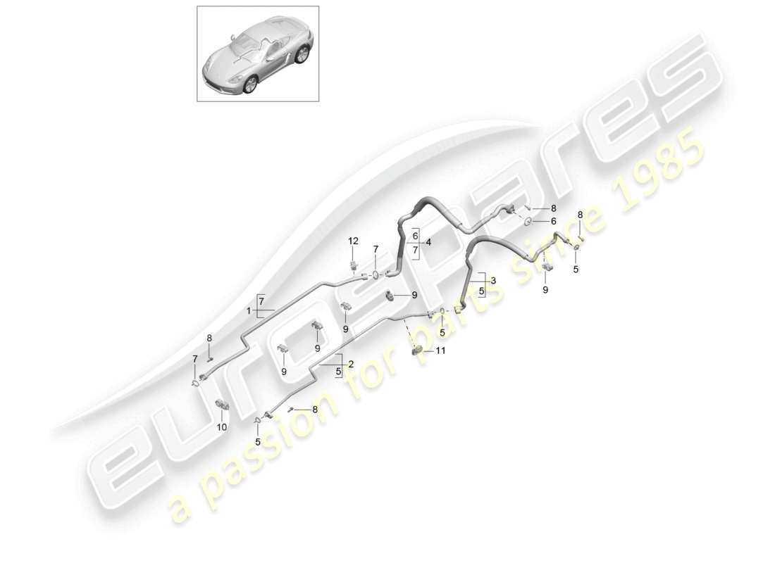 porsche 2021 (718 cayman) schema delle parti del circuito refrigerante sottoscocca e posteriore