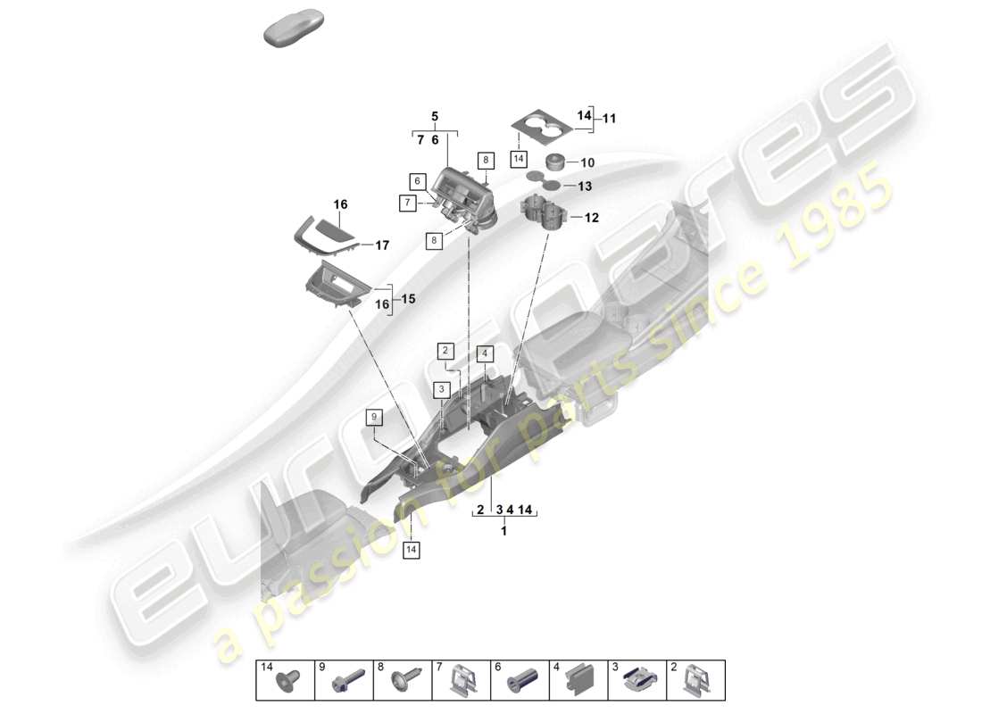 porsche 2025 (panamera 976) schema delle parti aziendali della consolle centrale posteriore