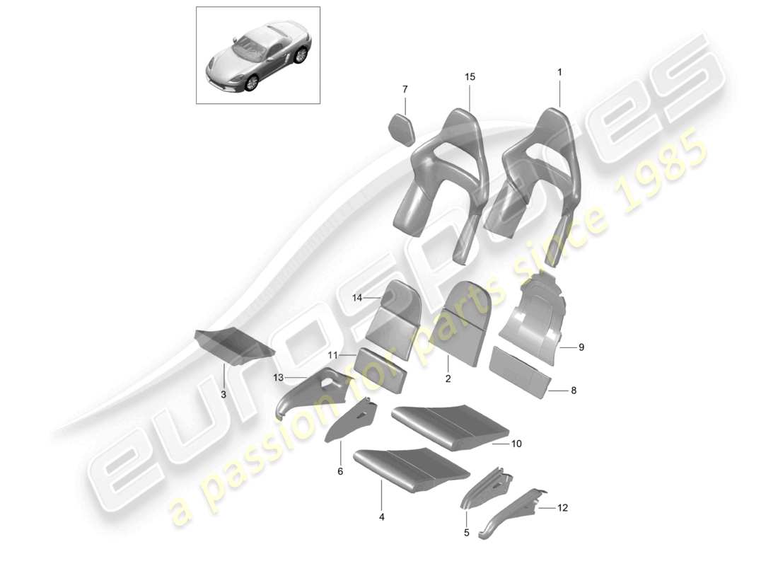 porsche 2024 (718 boxster) parte in schiuma rivestimento del sedile pieghevole superficie del sedile e dello schienale sedile a secchiello diagramma delle parti