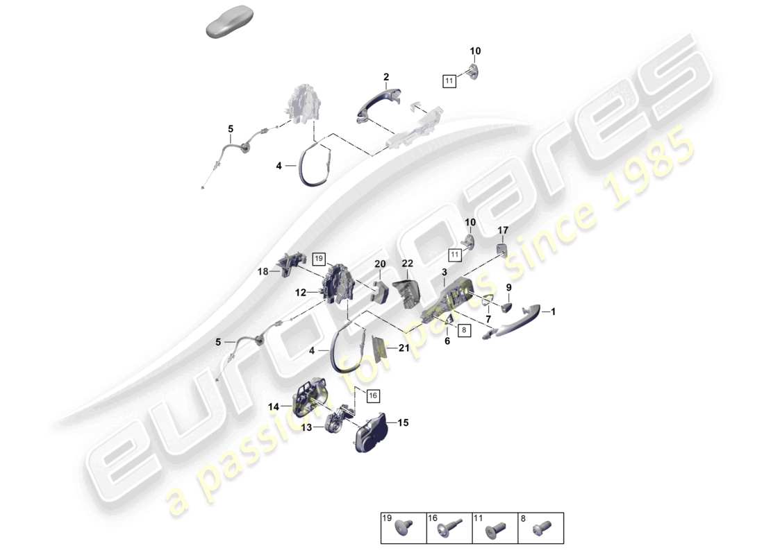 porsche 2026 (panamera 976) maniglia della porta, posteriore esterna schema delle parti della serratura della porta