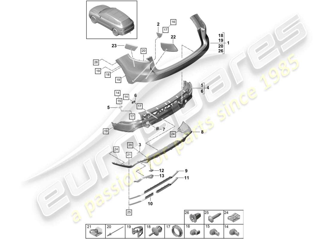 porsche 2021 (cayenne e3 9ya/9yb) schema delle parti paraurti posteriore