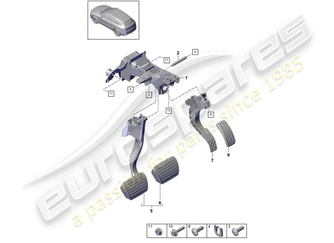 porsche 2021 (cayenne e3 9ya/9yb) leva freno e acceleratore meccanica lhd diagramma delle parti