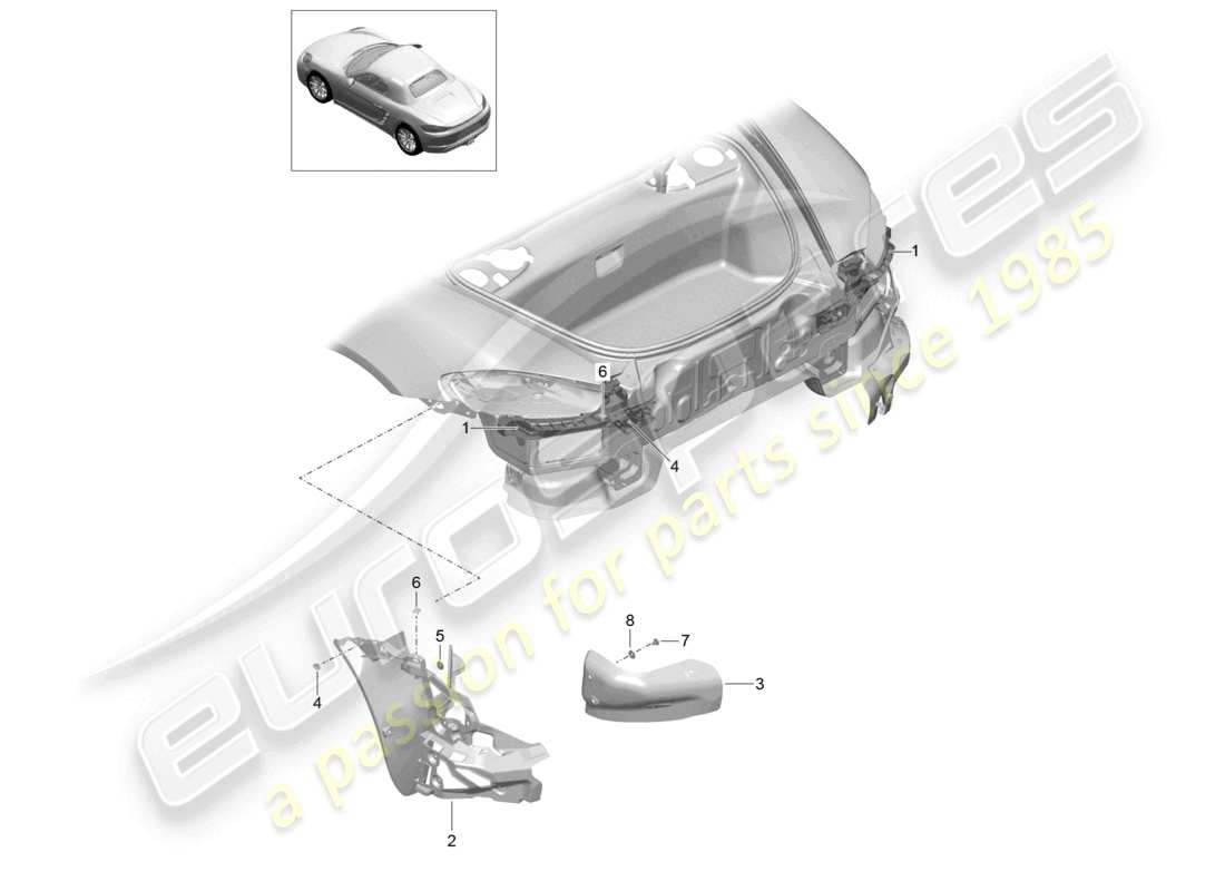 porsche 2023 (718 boxster) diagramma delle parti del paraurti posteriore di fissaggio