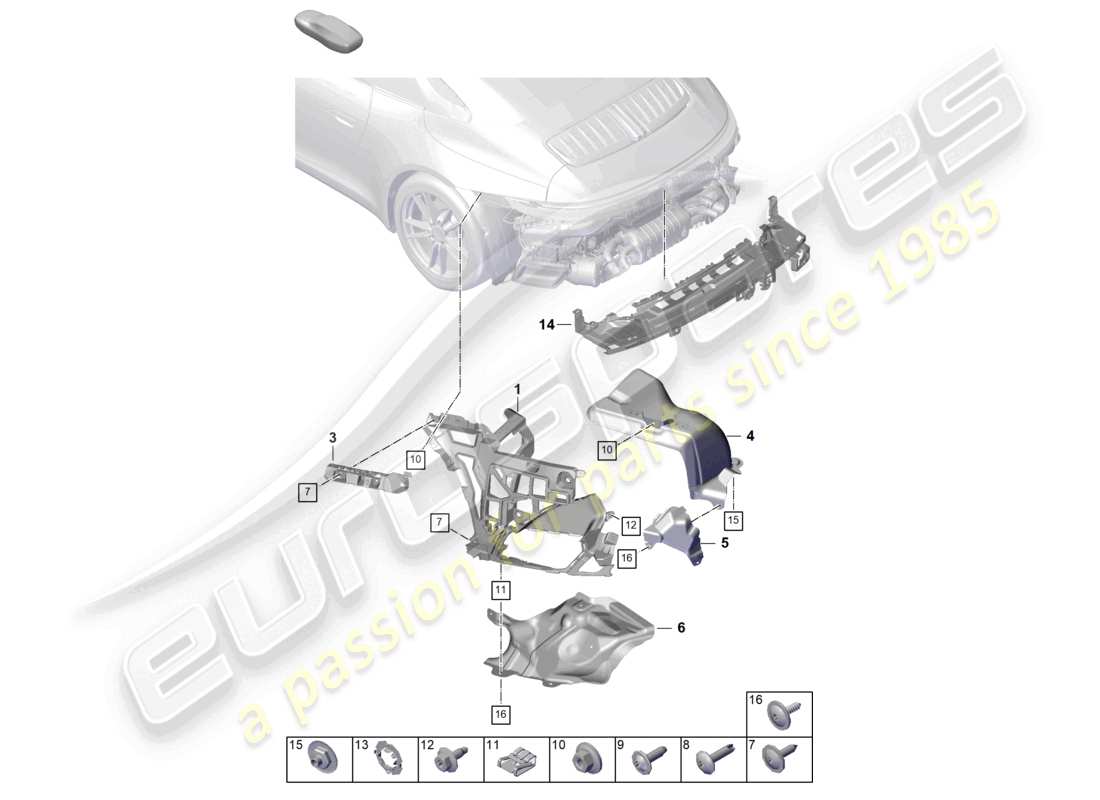 porsche 2024 (992-2) diagramma delle parti dei dispositivi di fissaggio del paraurti posteriore