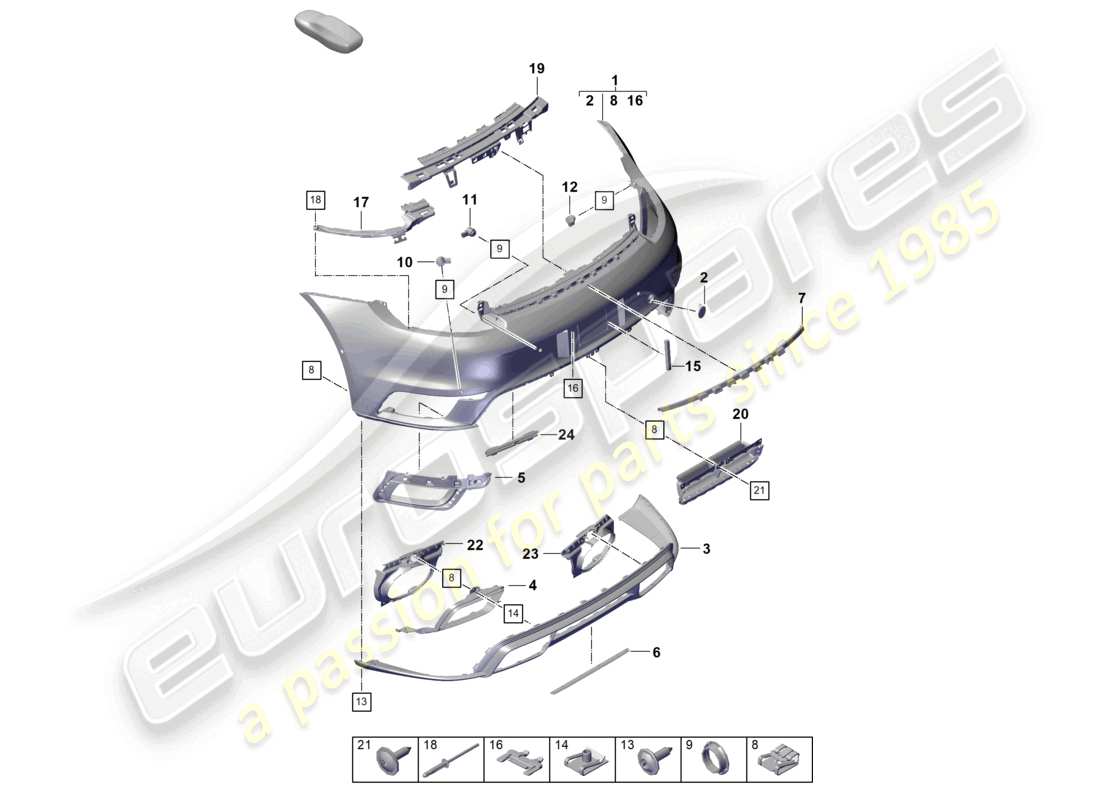 porsche 2021 (992-1 turbo / s) paraurti posteriore con: accessori base schema ricambi ece