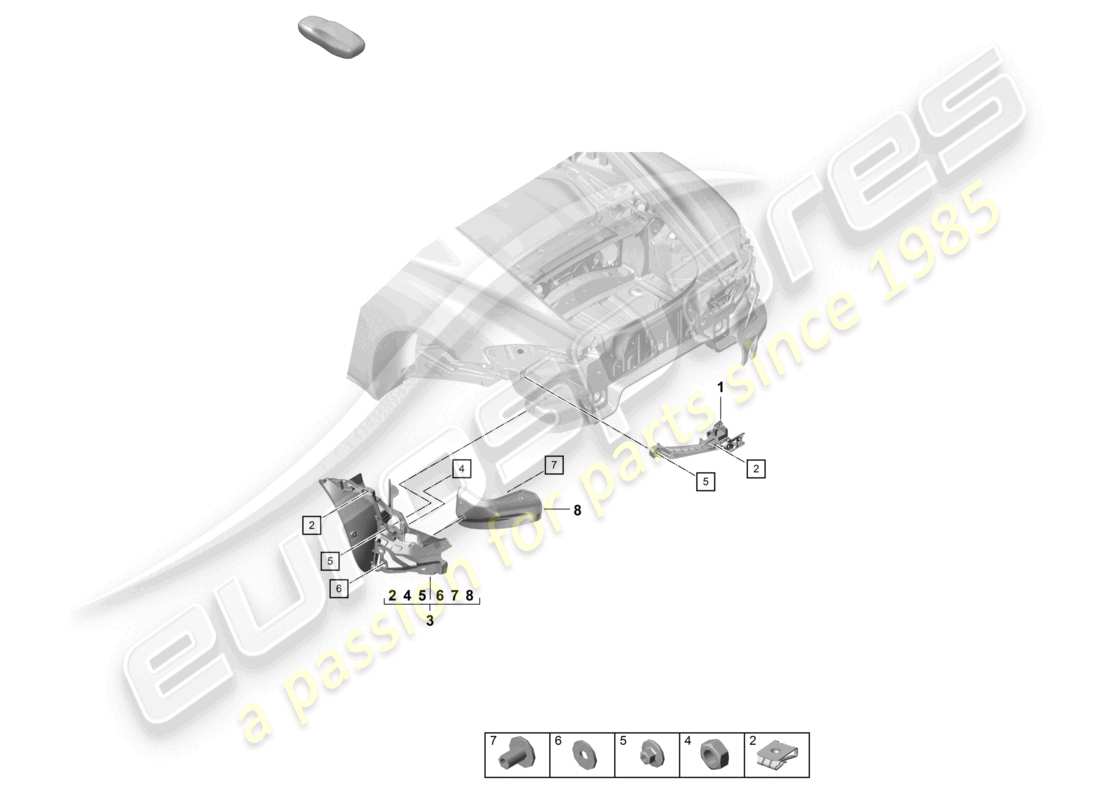 porsche 2021 (718 cayman gt4) diagramma delle parti del paraurti posteriore di fissaggio