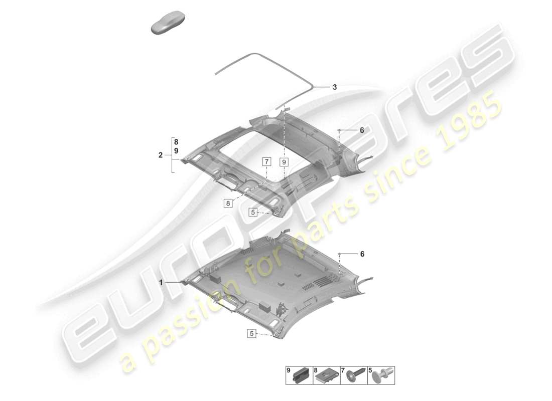 porsche 2026 (992-2 turbo / s) schema delle parti del rivestimento del tetto della coupe