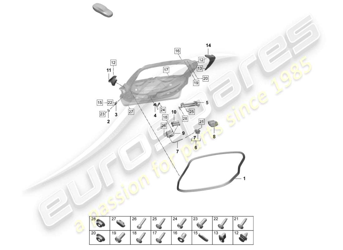 porsche 2025 (taycan 9j1-2) schema delle parti degli accessori cuv del cofano posteriore