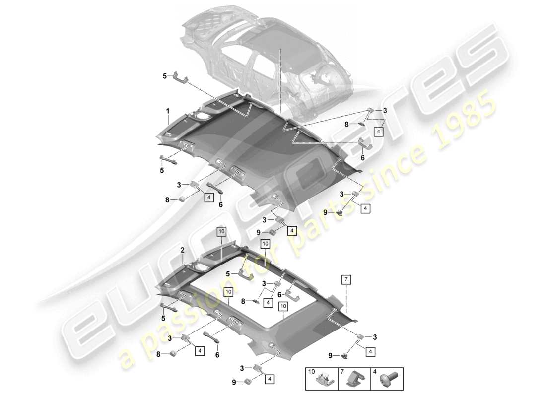 porsche 2026 (cayenne e3 pa) schema delle parti del rivestimento del tetto e degli accessori