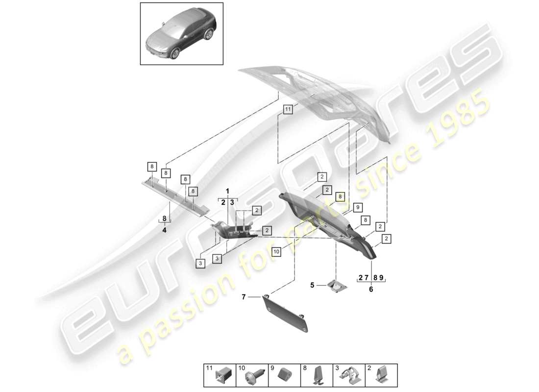 porsche 2021 (cayenne e3 9ya/9yb) pannello di rivestimento del coperchio posteriore diagramma delle parti