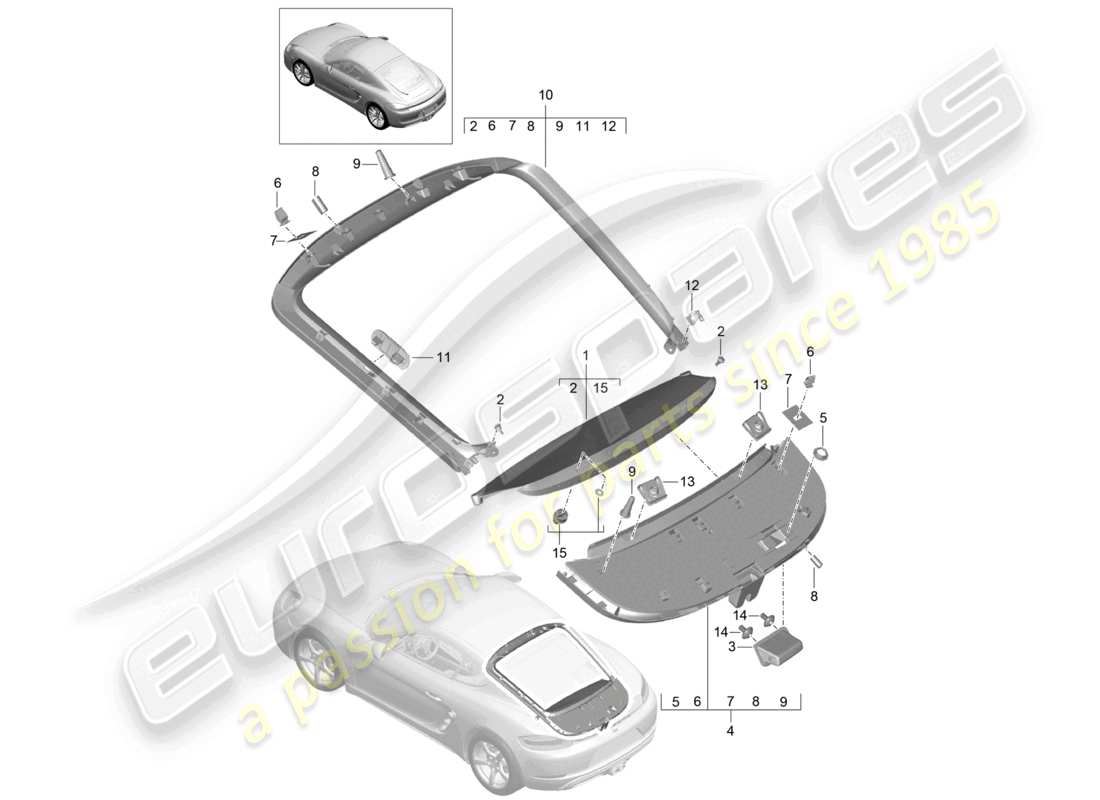 porsche 2024 (718 cayman) schema delle parti del cofano posteriore
