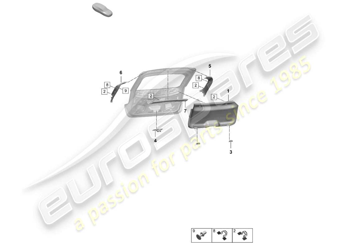 porsche 2025 (macan-e) schema delle parti posteriori del pannello di rivestimento del cofano posteriore